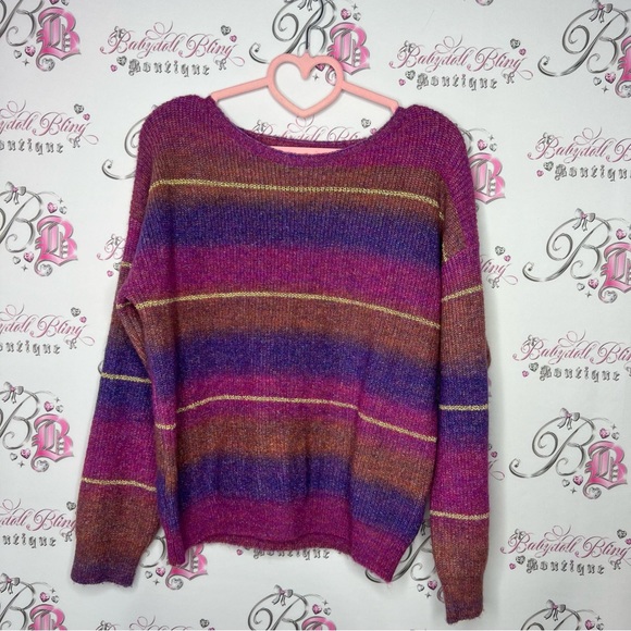 Striped Colorful sparkly sweater gold pink orange purple cozy knitted top - Picture 2 of 4